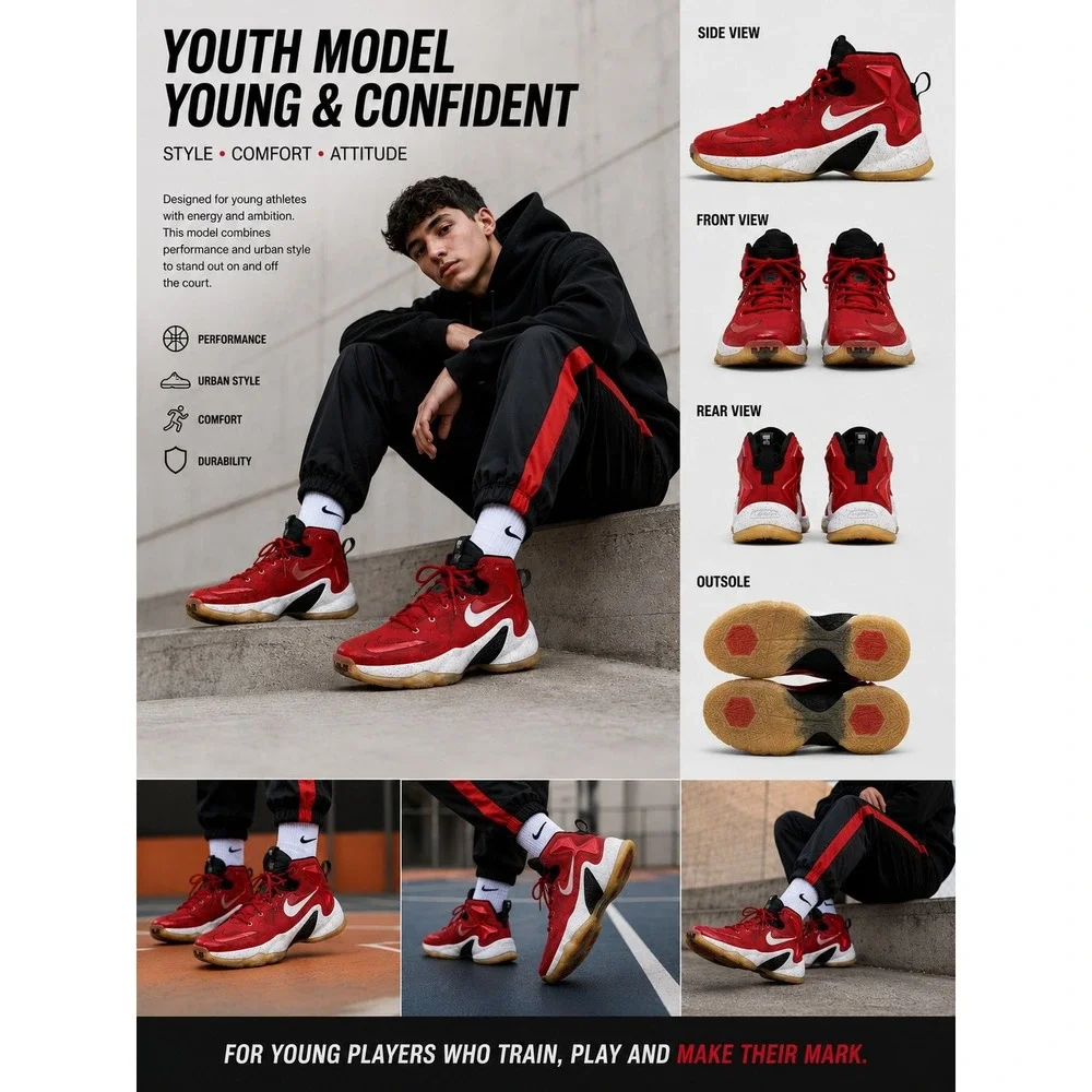 Nike LeBron Shoes Big Boys Red High Basketball Shoes On Court 808709-610 Size 5Y
